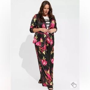 Torrid Floral Satin Blazer & Pant Set – Black & Pink | Elegant 2-Piece Suit 🌺